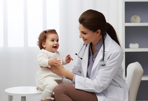 Foto del médico pediatra revisando los latidos del corazón del bebé