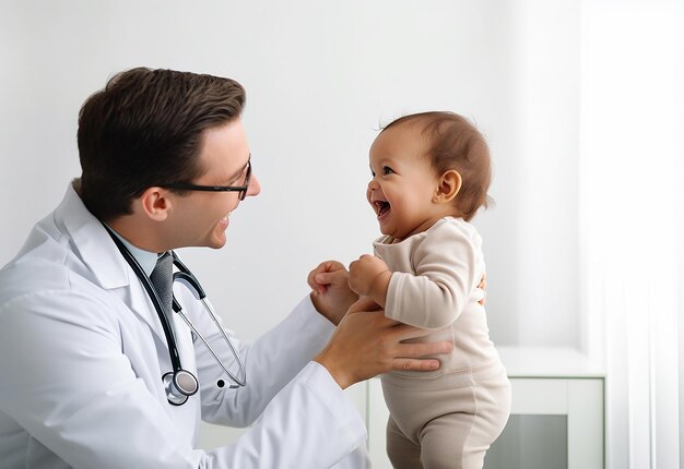 Foto foto del médico pediatra revisando los latidos del corazón del bebé