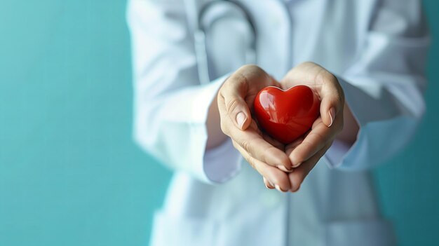 Foto de un médico sosteniendo un corazón en sus manos sobre un fondo azul claro