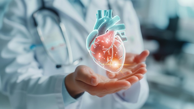 Foto de un médico sosteniendo un corazón en sus manos sobre un fondo azul claro
