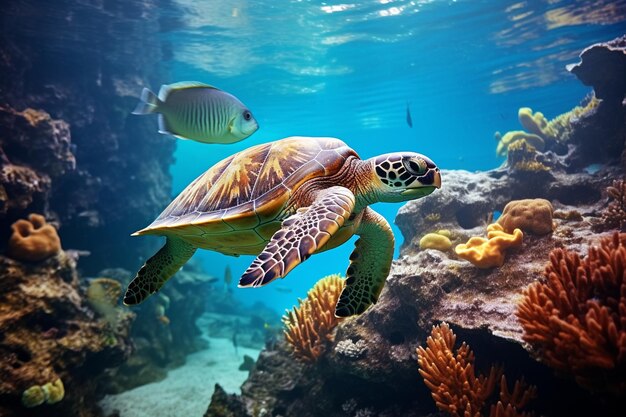 Foto Meeresschildkröte unter Wasser natürliches Meeresleben mit Korallen