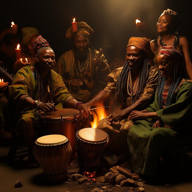 Foto mehrerer afrikanischer Schlagzeuger, die das traditionelle Musikinstrument Djembe spielen