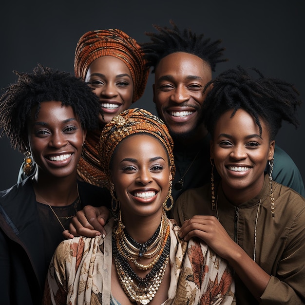 Foto mehrerer schwarzafrikanischer Menschen mit lockigem Haar und glücklichem Gesichtsausdruck auf weißem Hintergrund