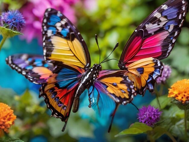 Foto Mehrfarbige Schmetterlinge fliegen unter der lebendigen Schönheit der Natur