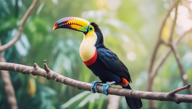 Foto mehrfarbiger Tukan, Vogelbild auf einem Zweig