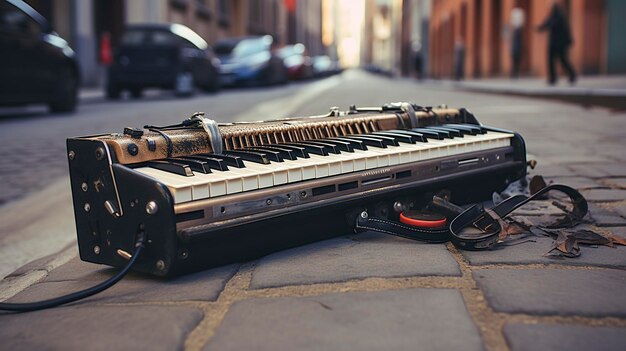 Una foto de una melodica en una instalación de músicos callejeros