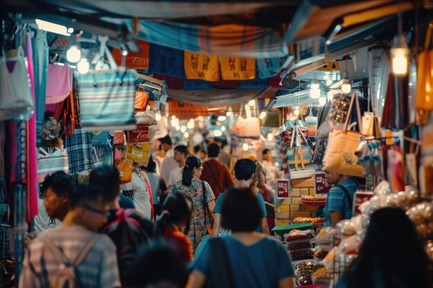 Una foto de un mercado callejero ocupado con personas comprando y vendiendo mercancías