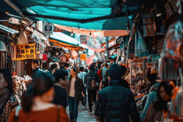 Una foto de un mercado callejero ocupado con personas comprando y vendiendo mercancías