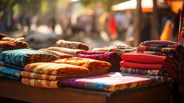 Foto una foto de un mercado textil bohemia de telas vibrantes