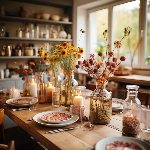 foto de una mesa de cocina decorada en otoño decoración de vida moderna interior de colores otoñales