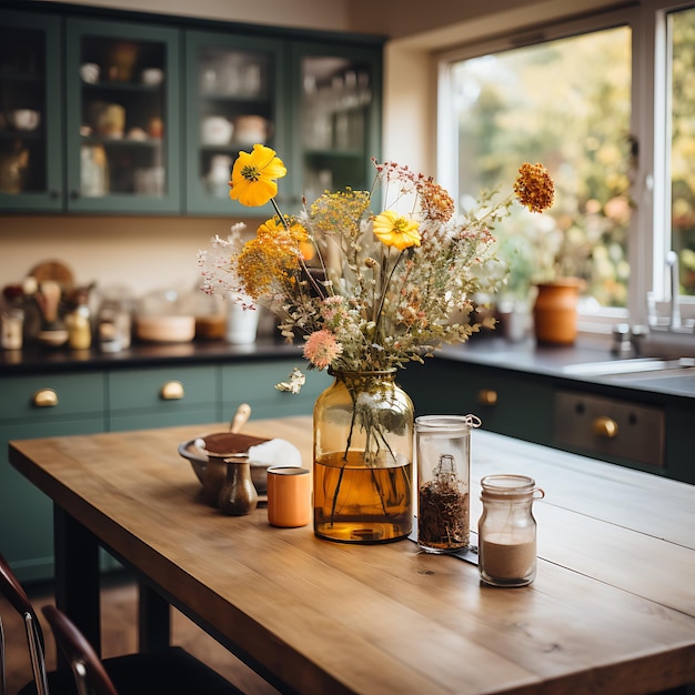 foto de una mesa de cocina decorada en otoño decoración de vida moderna interior de colores otoñales