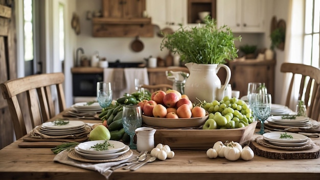 una foto de la mesa de la cocina de la granja adornada con una deliciosa difusión de productos frescos de la granza y rústicos