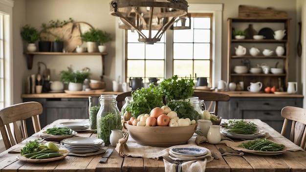 Foto una foto de la mesa de la cocina de la granja adornada con una deliciosa difusión de productos frescos de la granza y rústicos