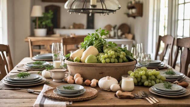 una foto de la mesa de la cocina de la granja adornada con una deliciosa difusión de productos frescos de la granza y rústicos