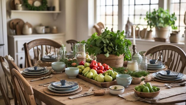 una foto de la mesa de la cocina de la granja adornada con una deliciosa difusión de productos frescos de la granza y rústicos