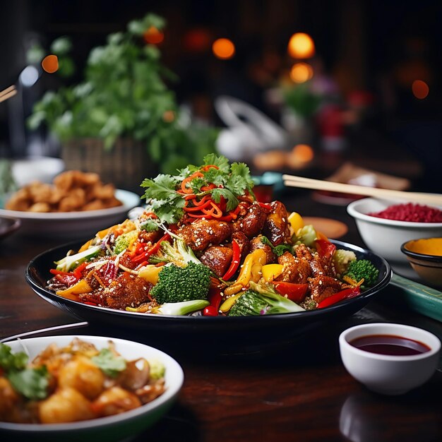 una foto de una mesa con deliciosa comida asiática en un restaurante de Asia