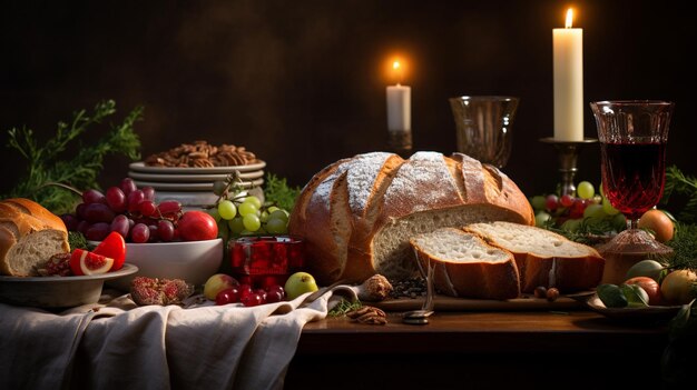 Foto una foto de una mesa festiva con una variedad de panes