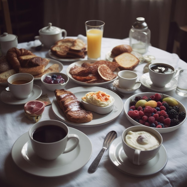 FOTO Una mesa llena de alimentos para el desayuno, incluidos croissants y café.