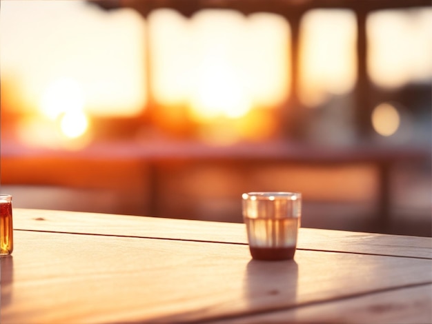 Foto una mesa de madera con un amanecer de cristal en el fondo