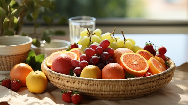 Foto de mesa con muchas frutas ai generativo.