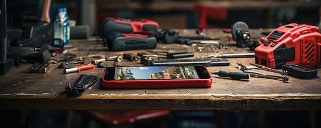 Foto de una mesa de un taller de reparación de teléfonos celulares con teléfonos inteligentes y equipos