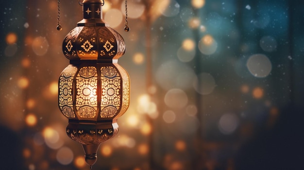 Foto Mesquita Islâmica à noite com fundo de lâmpada