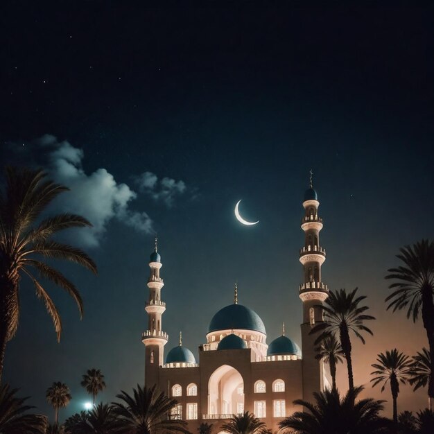 Foto de una mezquita con la luna en el fondo