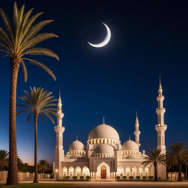 Foto de una mezquita con la luna en el fondo