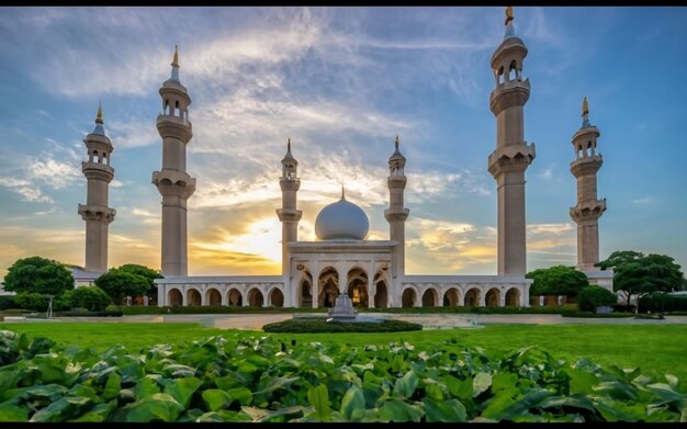 Una foto de una mezquita se muestra en una escena de puesta de sol naranja