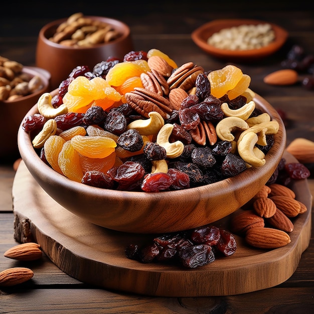 Foto de miel dulce y diferentes nueces en una mesa de madera