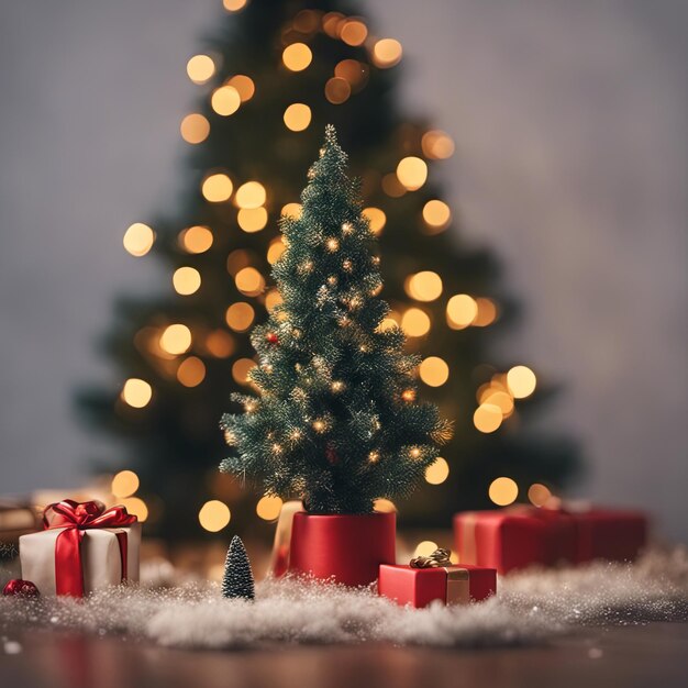 Foto de mini árbol de Navidad con adornos en él y regalos debajo para la bandera de fondo de Navidad o póster