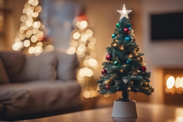 Foto de un mini árbol de Navidad con adornos en la sala de estar para el cartel o el cartel de fondo de Navidad