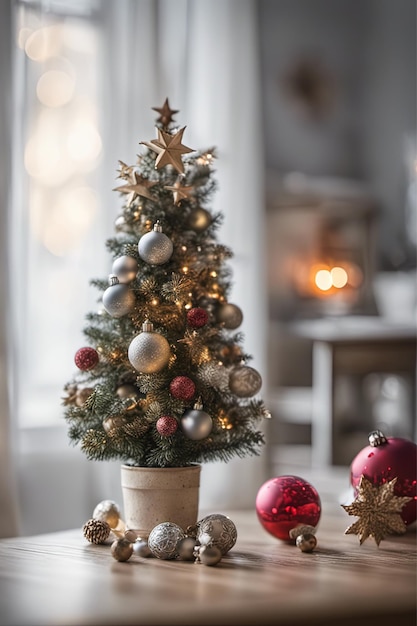 Foto foto de un mini árbol de navidad con adornos en la sala de estar