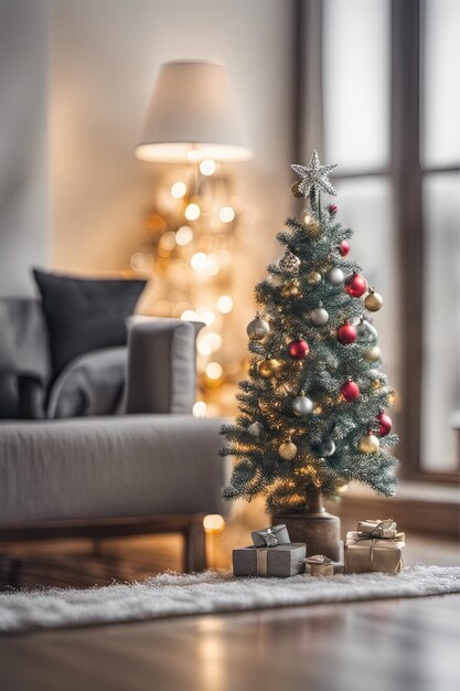 Foto foto de un mini árbol de navidad con adornos en la sala de estar