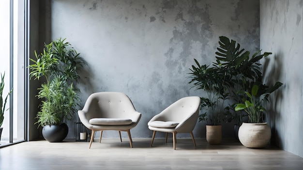 Foto minimaler Hintergrund zeitgenössisches Interieur mit Stuhl und Pflanze