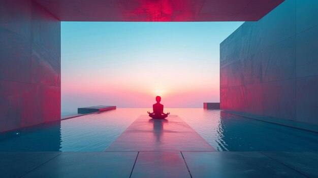 Una foto minimalista de una persona en una habitación de colores pastel practicando la respiración profunda con una pared que