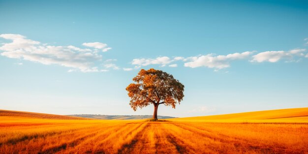 Foto minimalista de un solo árbol parado en un enorme campo vacío