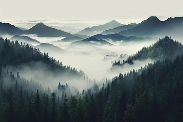 Foto mística de la mañana Ilustración realista de montañas Bosque Niebla y naturaleza Arte gráfico