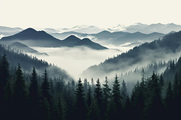 Foto mística de la mañana Ilustración realista de montañas Bosque Niebla y naturaleza Arte gráfico