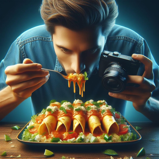 Foto foto mit jemandem, der einen teller enchiladas genießt