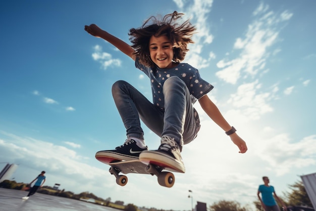 Foto mit niedrigem Winkel von Teenagern im Skatepark, die Spaß haben