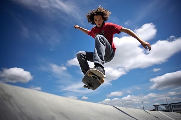 Foto mit niedrigem Winkel von Teenagern im Skatepark, die Spaß haben