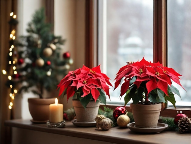 Foto mit Topf-Poinsettia und festlichem Dekor auf der Fensterbank im Zimmer Weihnachtstraditionelle Blume