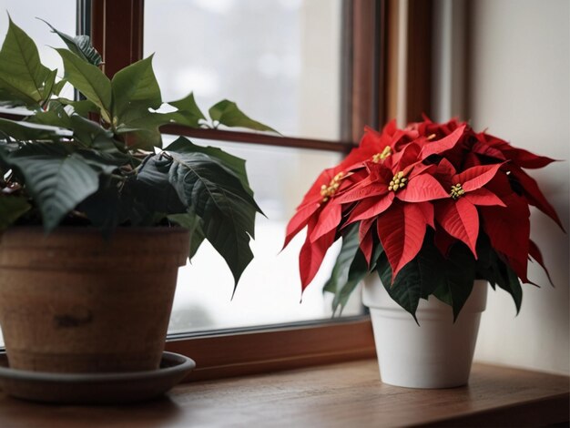 Foto mit Topf-Poinsettias, brennenden Kerzen und festlichem Dekor auf der Fensterbank im Zimmer Weihnachtstradition