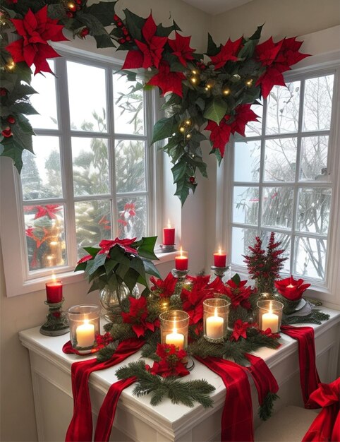 Foto mit Topf-Poinsettias, brennenden Kerzen und festlichem Dekor auf der Fensterbank im Zimmer Weihnachtstradition