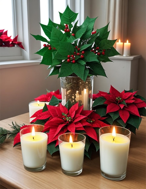 Foto mit Topf-Poinsettias, brennenden Kerzen und festlichem Dekor auf der Fensterbank im Zimmer Weihnachtstradition