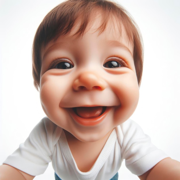 Foto mit Weitwinkelporträt eines lustigen lächelnden Babys mit einem Lächeln auf weißem Hintergrund