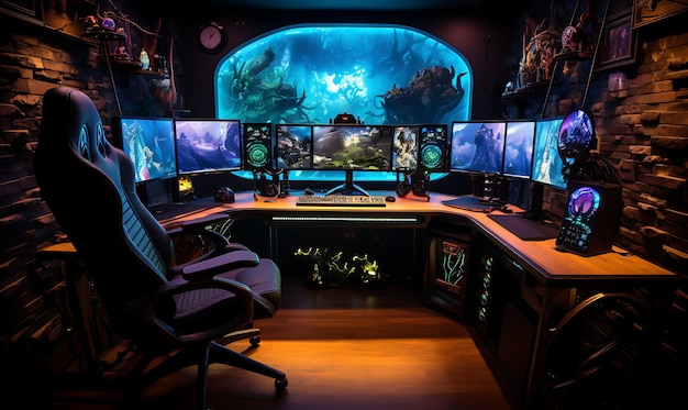 Foto de Mmo Game Room Boys con Triple Monitor Battlestation y fuera de la sala de creadores de contenido en vivo