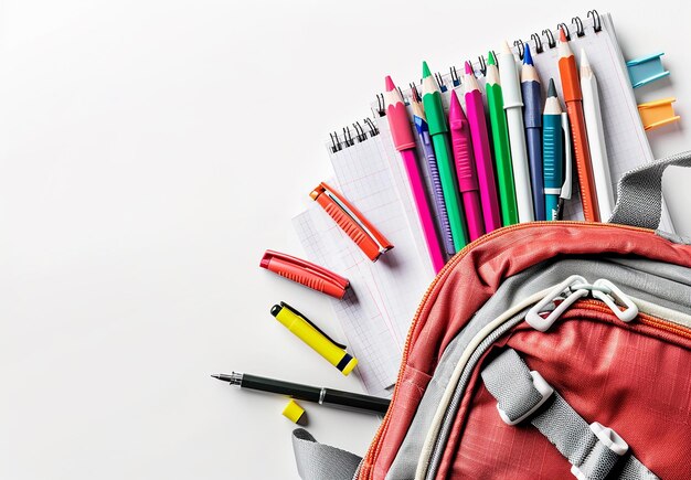 Foto foto de una mochila escolar azul amarilla roja junto a una pila de libros a granel con antecedentes educativos