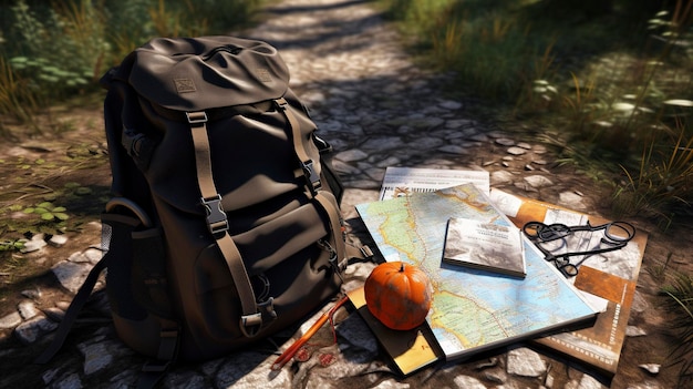 Una foto de una mochila y mapas de senderos